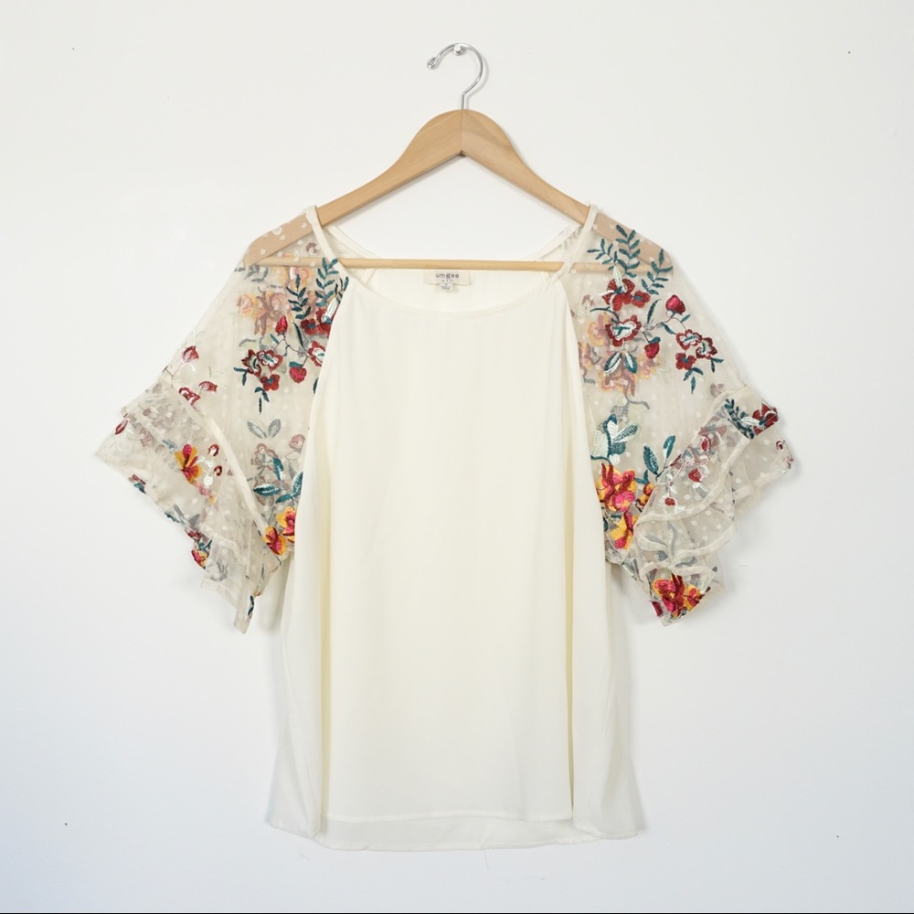 NWOT UMGEE Sheer Floral Embroidered Flounce‎ Sleeve